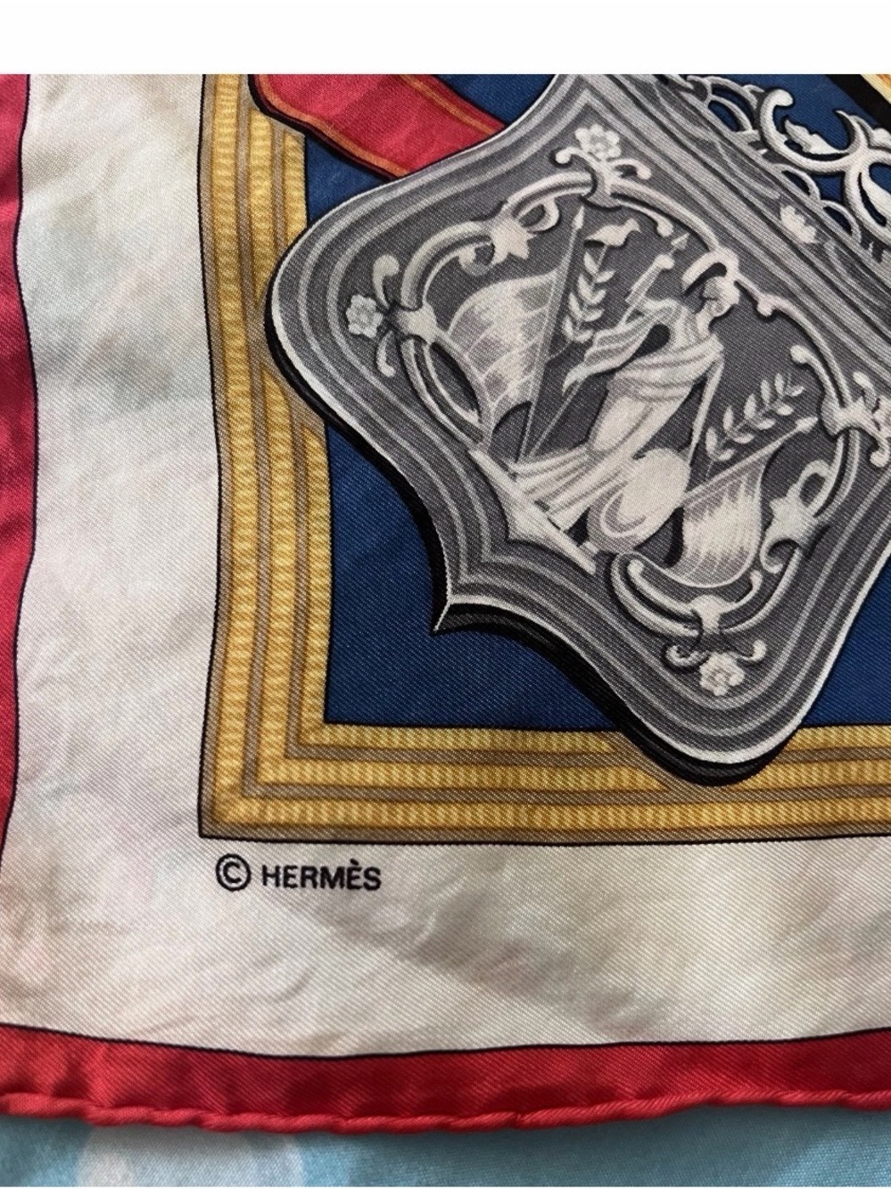 Hermes Silk Scarf in Blue, Gold, Red and Gray - Picture 1 of 6